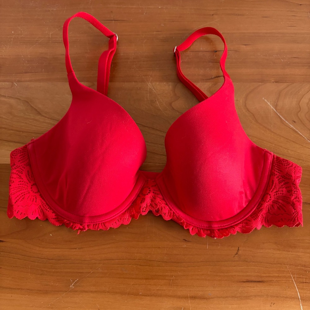 Aerie Real Sunnie Full Coverage Bra‎ Red Lace Trim Underwire 32C RN54485